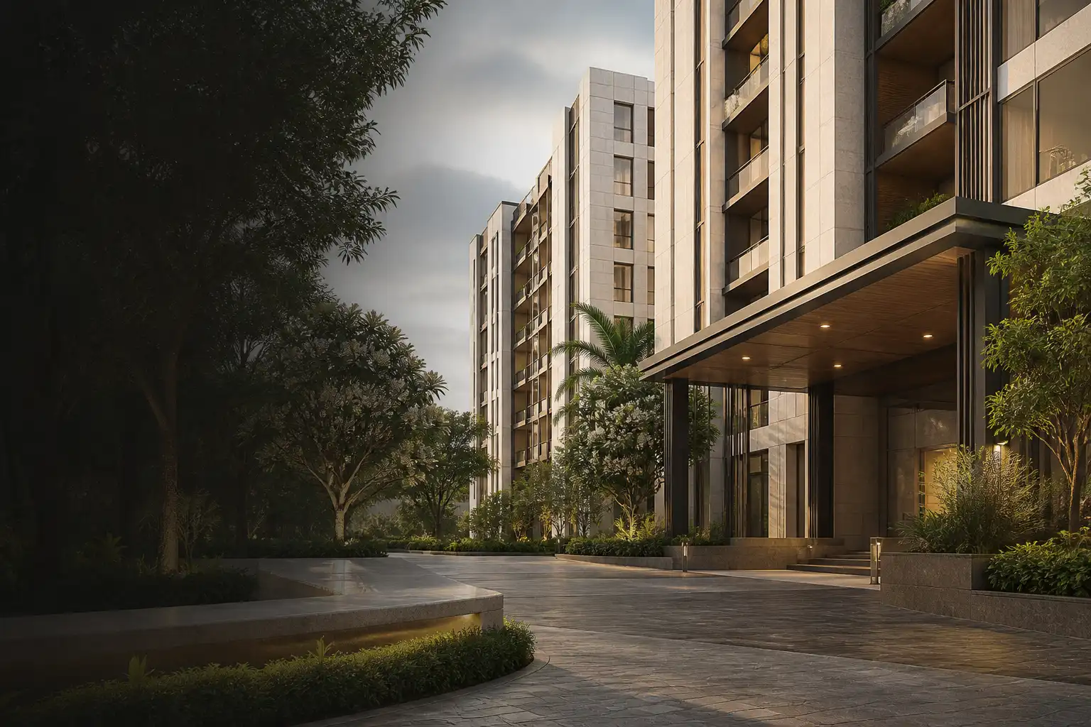 Contemporary apartment arrival court framed by trees