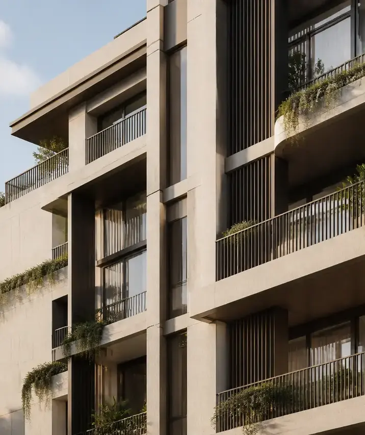 An apartment elevation with deep balconies, planters and timber screens