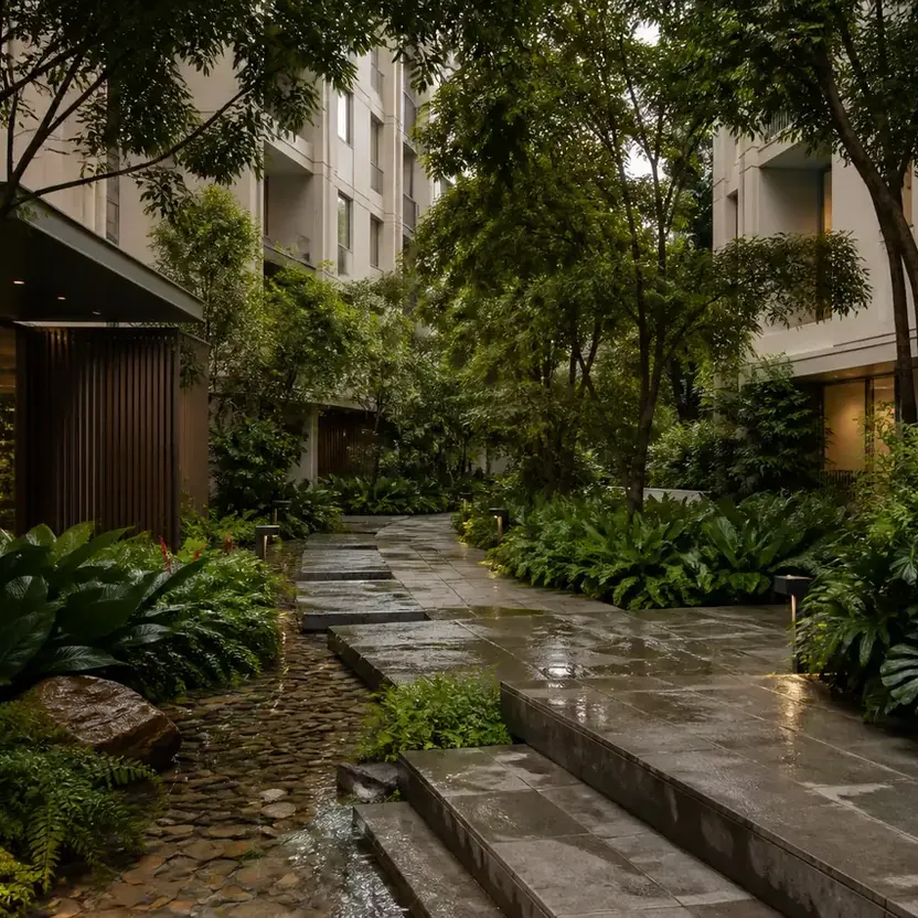 Prestige Kasavanahalli, artistic impression A stone path and a water rill through a shaded landscape court