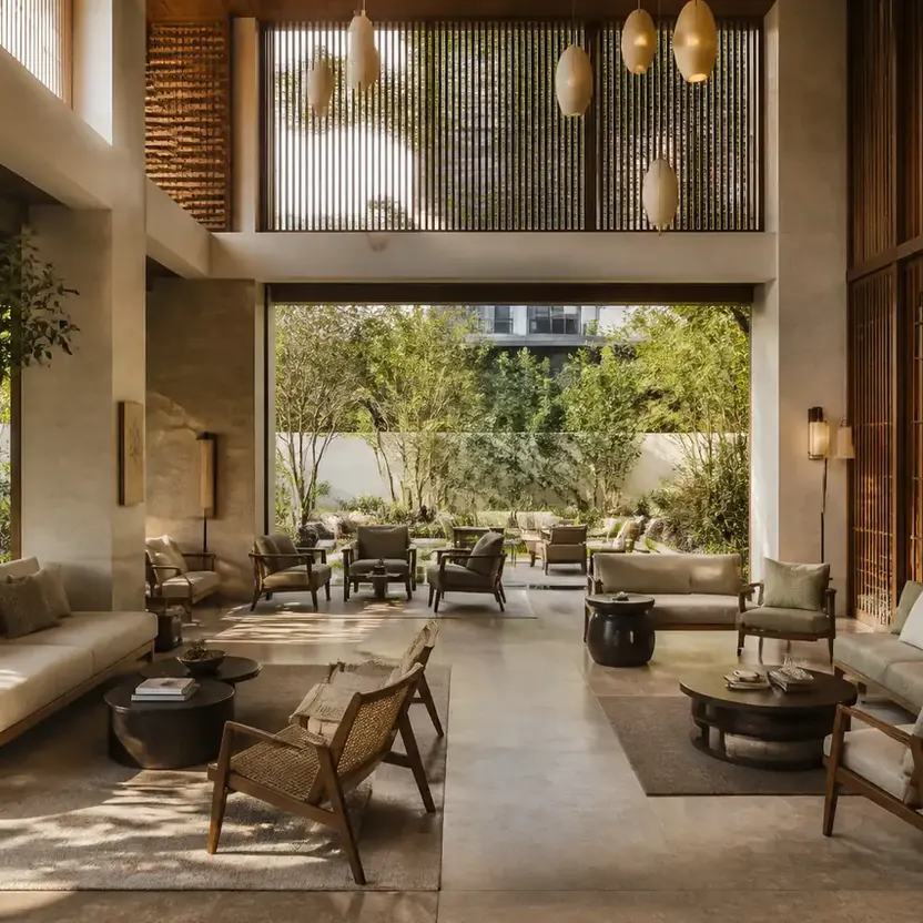 Prestige Kasavanahalli, artistic impression A double-height residents’ lounge opening onto a garden