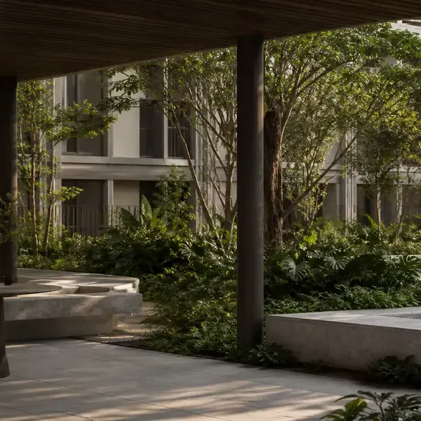 Prestige Kasavanahalli, artistic impression A covered garden terrace with seating beside the lawns