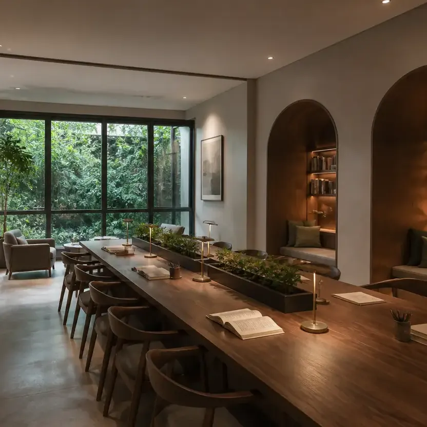 Prestige Kasavanahalli, artistic impression A reading room with a long table and arched book nooks
