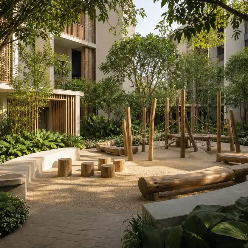 Prestige Kasavanahalli, artistic impression A play garden of timber logs and sand under the trees